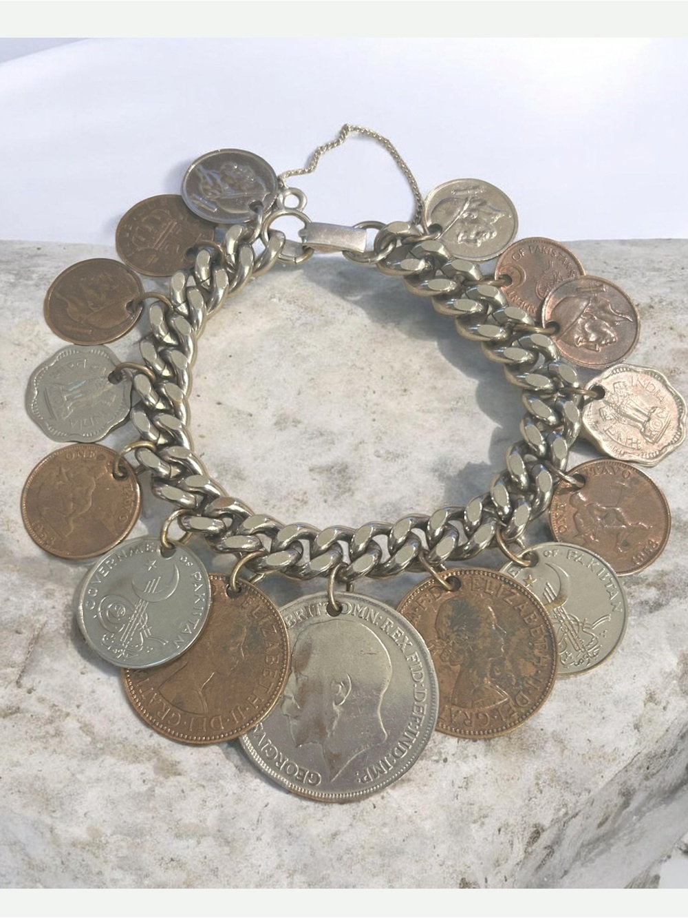 Vintage Mid Century Sterling Silver Heavy Curb Bracelet Authentic Global Coins